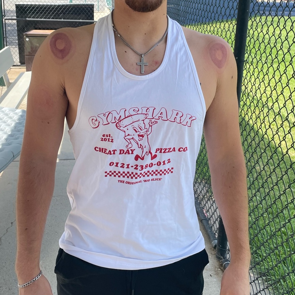 GYMSHARK MEN CHEAT DAY PIZZA CO DELIVERY TANK TOP WORKOUT SHIRT LTD SLEEVELESS M